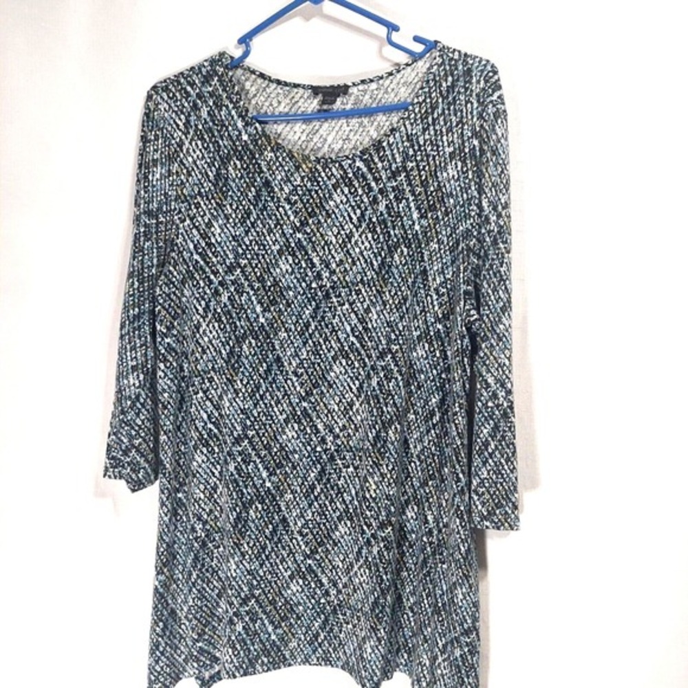 J Jill Womens Med Petite Wearever Collection Popover Tunic Top Knit Geo Print